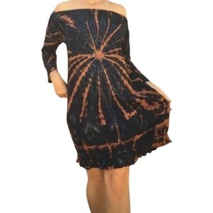 NWT Handmade Off Shoulder 3/4 Length Sleeve Brown Black Tie Dye Midi Dress. S-1X